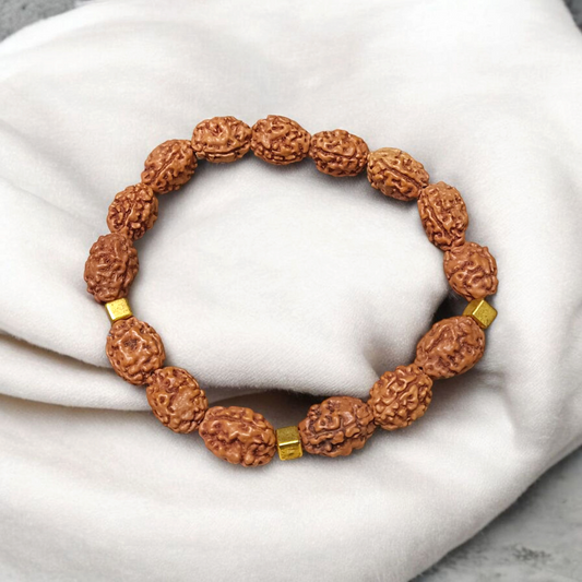 3 Mukhi Rudraksha Bracelet with natural brown beads on stretchable thread, lab certified for spiritual healing and confidence