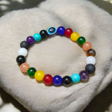 7 Chakra Healing Bracelet with Mix Agate & Evil Eye Beads on White Background