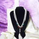 7 Chakra with White Agate Mala featuring seven vibrant chakra stones and white agate beads for energy balance, spiritual healing, and calmness