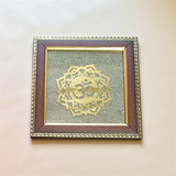 7x7 Inch Om Shanti Yantra mounted on raw Pyrite crystal in a Vastu-aligned wooden frame for peaceful home and spiritual décor
