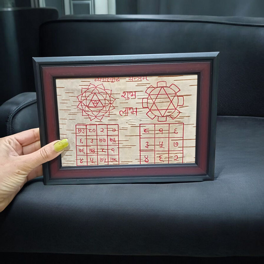 A Vyapaar Vridhi Yantra on Bhojpatra, framed for display, designed to attract business profit, wealth, and financial growth for business owners and entrepreneurs