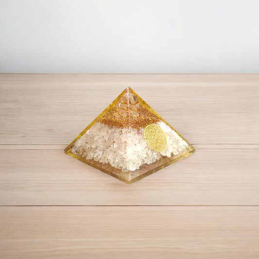 A White Stone Crystal Clear Orgone Pyramid, lab-certified for energy healing, emotional balance, and protection from negative energies and electromagnetic pollution
