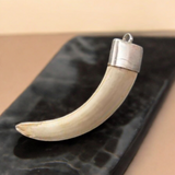 A lab-certified wild boar tooth pendant encased in a polished silver cap, displayed on a velvet box with a certificate of authenticity