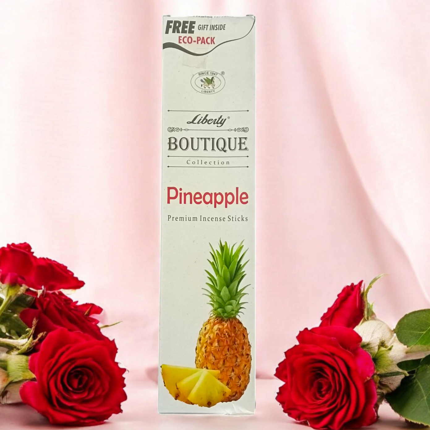 A pack of pineapple incense sticks in an economy pack, with a free gift included inside. The sweet, tropical scent enhances relaxation and purifies the air.