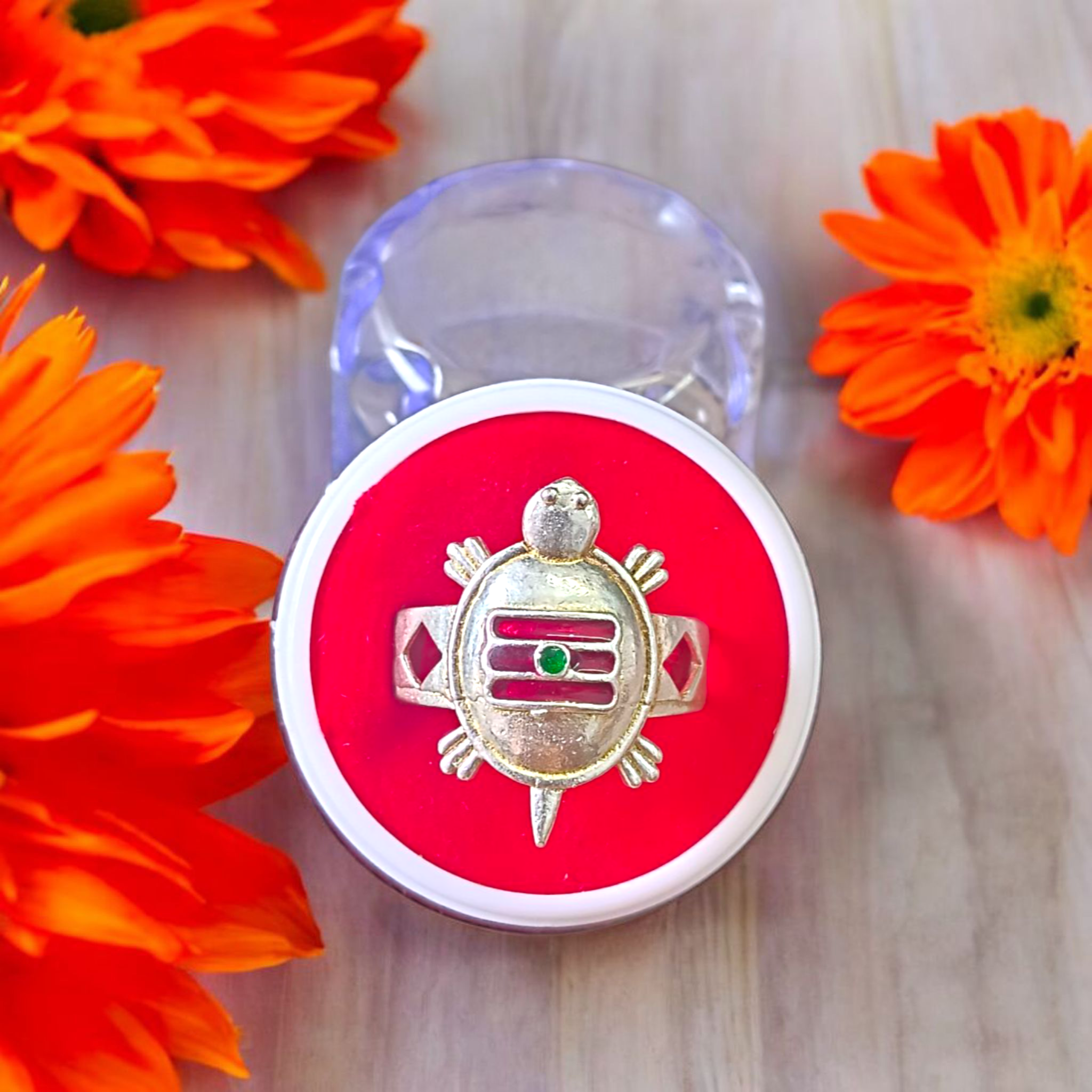 A silver-plated Tripund Kachua Ring, with a detailed Tripund symbol, designed for spiritual protection and strength