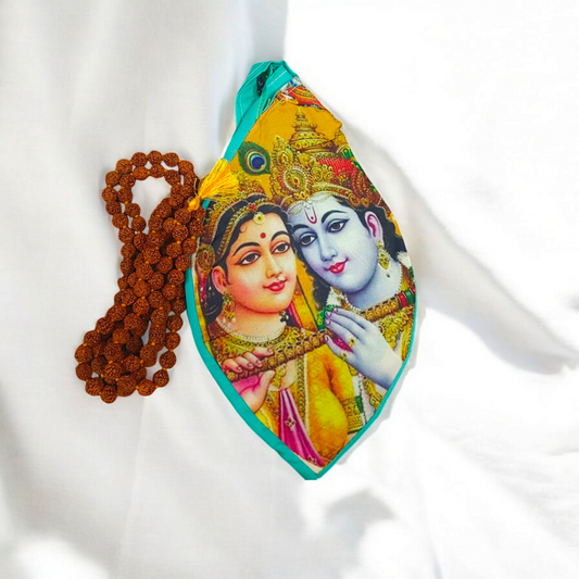 A vibrant Radha Krishna Gomukhi Bag with a colorful digital print, perfect for storing Japa Mala beads or as a devotional accessory.