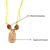 Baglamukhi Kawach Pendant on yellow thread, protection amulet for overcoming obstacles and shielding from negative energies.