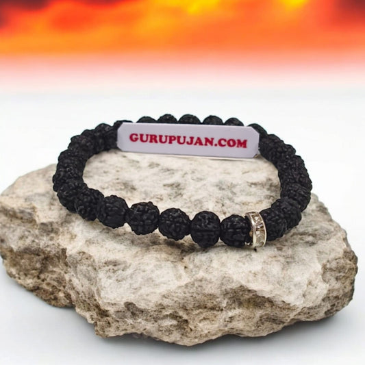 Black 5 Mukhi Rudraksha Bracelet with 7MM beads, lab certified, stretchable design, offering Shiva’s blessings and spiritual growth.