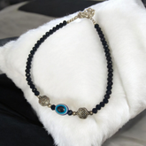 Black Crystal Beads Anklet with Evil Eye Symbol for Unisex