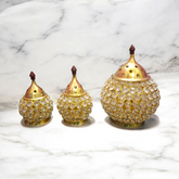 Brass Crystal Akhand Jyot Matki Diya oil lamp with crystal base and brass accents, perfect for pooja and temple use.