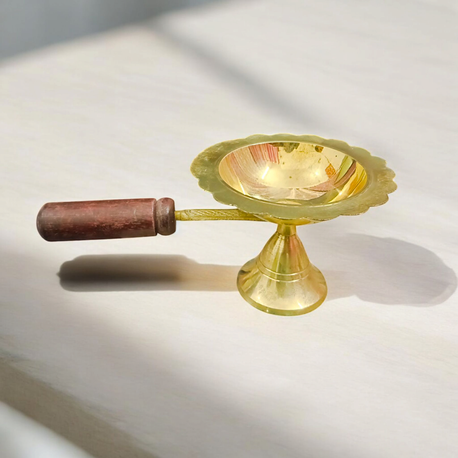 Brass Dhoop Dani with Wooden Handle for Pooja and Spiritual Worship