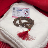 Close-up view of Kamal Gutta Mala (Lotus Seeds Mala) with natural lotus seed beads used for Goddess Lakshmi mantras and wealth attraction