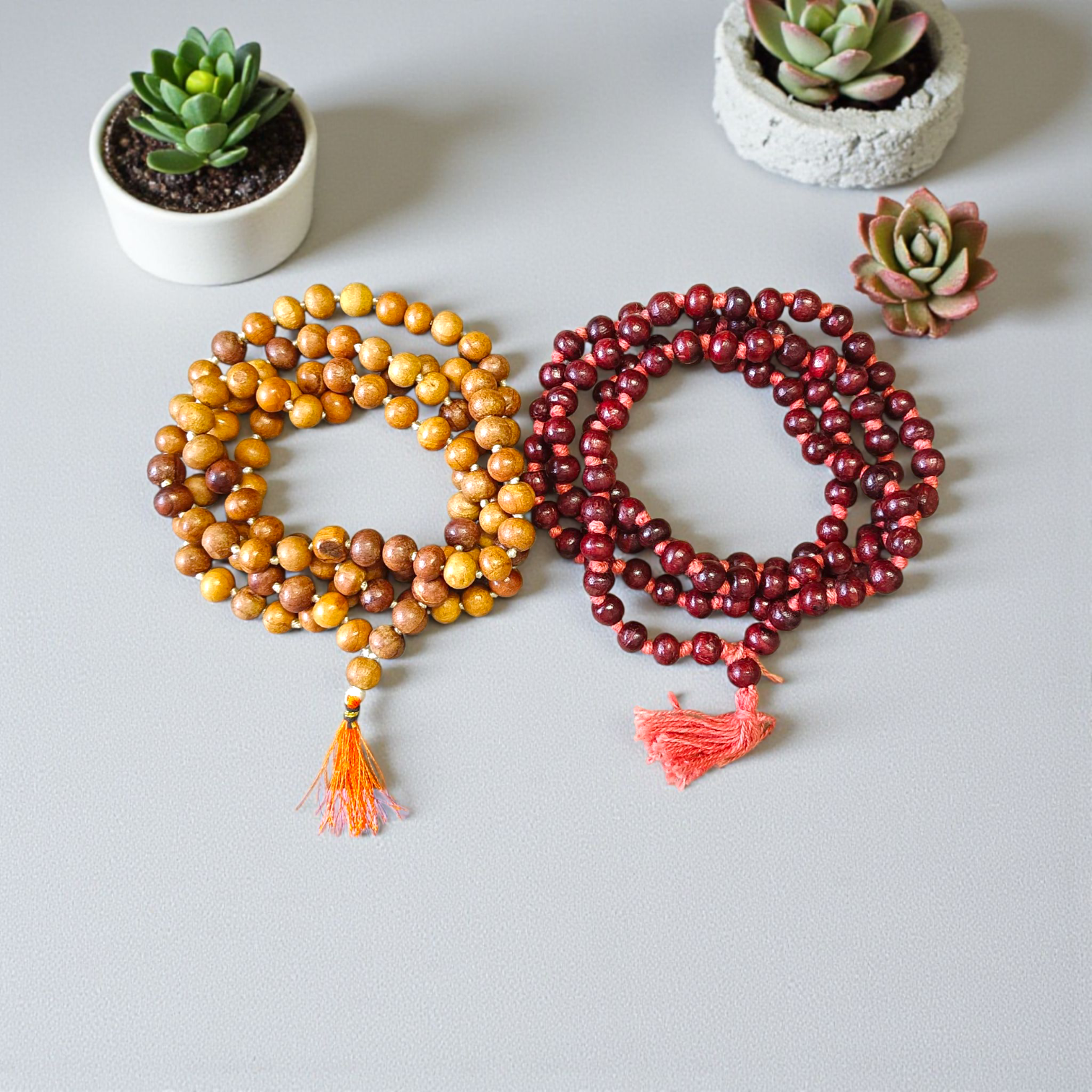Combo of Red and White Sandalwood Jaap Malas with 108 beads – lab certified, ideal for chanting, meditation, and puja