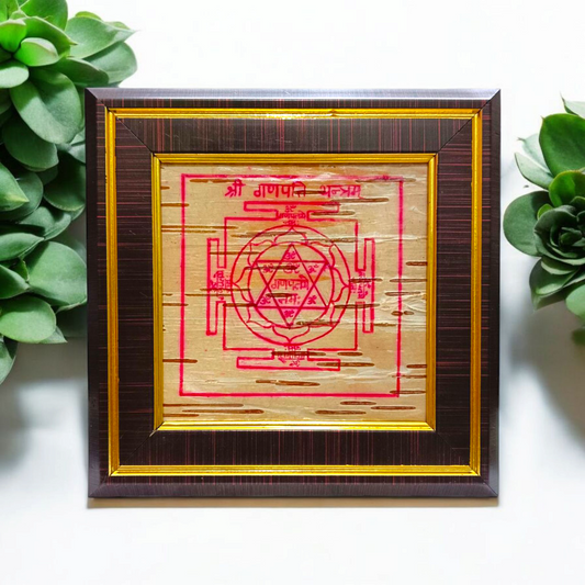Ganpati Yantra inscribed on Bhojpatra, framed beautifully, designed for spiritual rituals and Vastu remedies.
