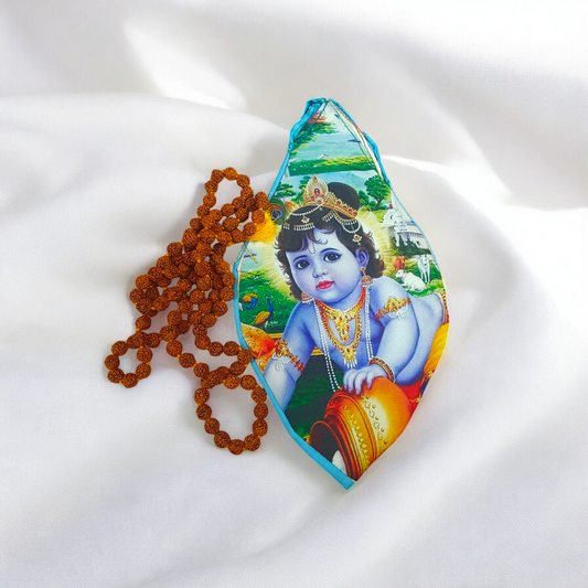 Gomukhi Bag featuring a Bal Gopal (Lord Krishna) print, made of 100% cotton, perfect for storing Japa Mala, prayer beads, and other spiritual items.