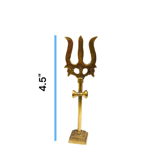 Handcrafted Brass Trishul with Damru figurine, a symbol of Lord Shiva’s power and protection, perfect for pooja rituals and home decor.