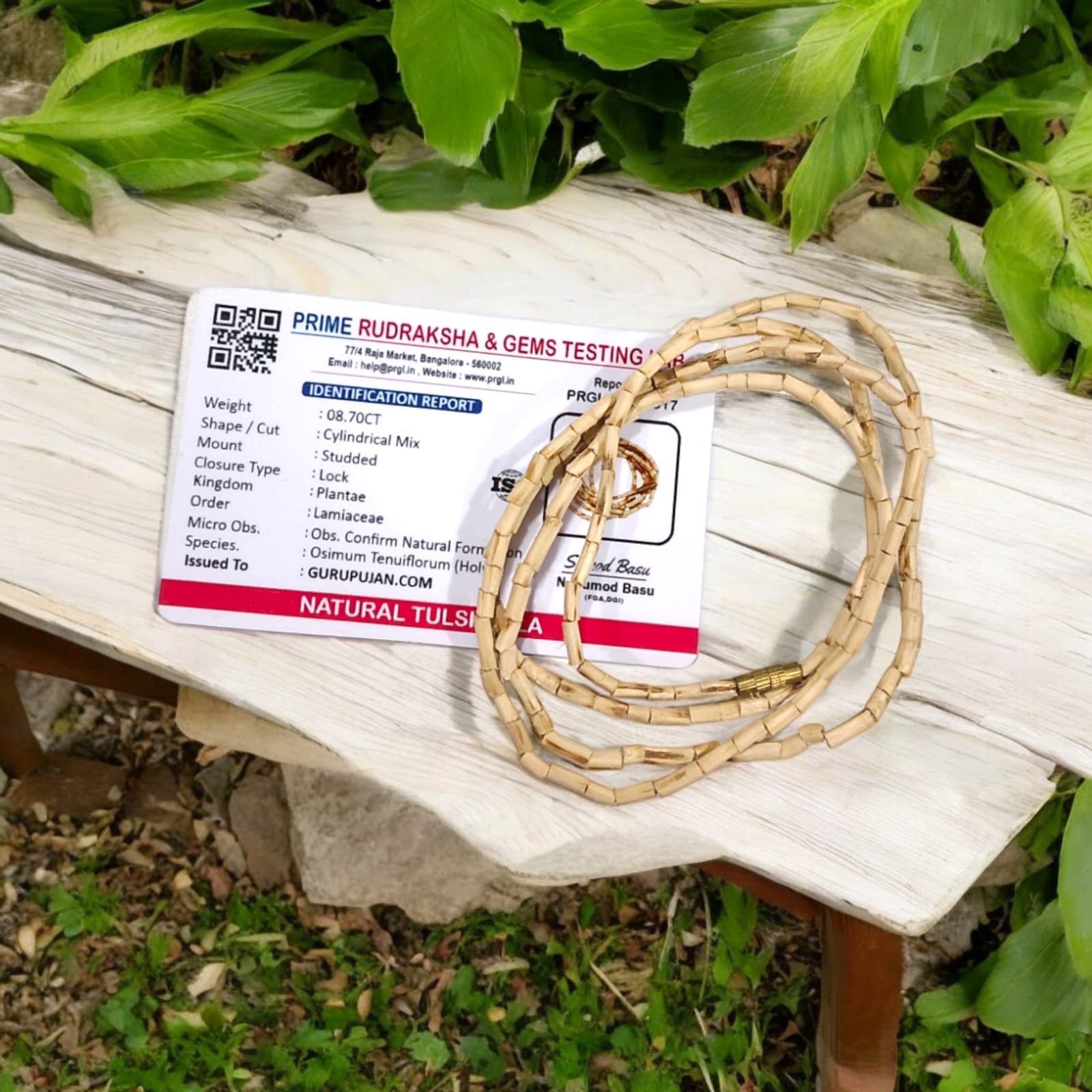 Handmade Natural Tulsi Neck Mala with barrel-shaped beads sourced from Vrindavan, ideal for spiritual devotion and protection for Lord Vishnu devotees.