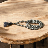 Image of Natural Raw Pyrite Mala with 108+1 beads (8mm size), lab certified and ideal for chanting, healing, and wealth attraction