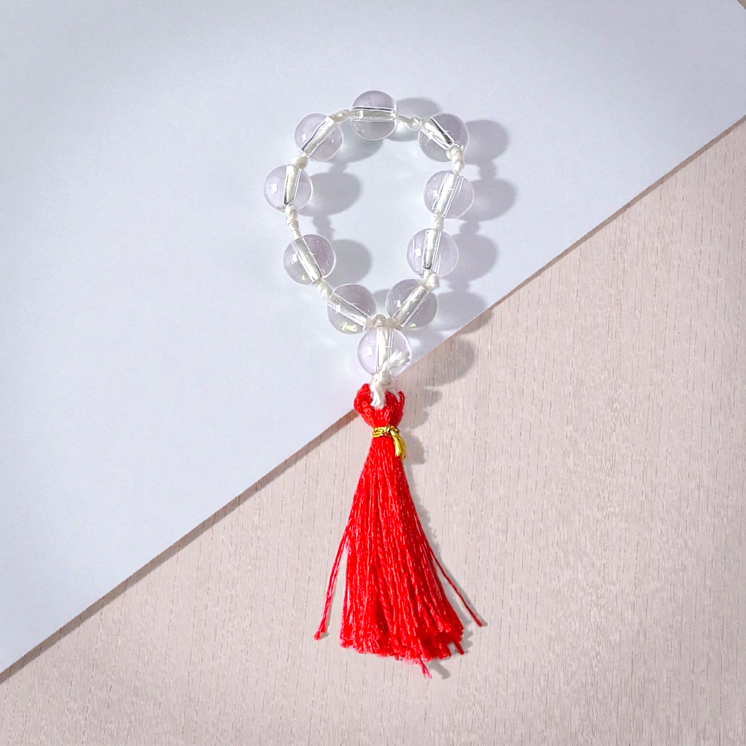 Image of Natural Rock Crystal (Sphatik) Finger Mala with 9+1 Transparent Beads of 7–8mm size, Lab Certified, used for meditation, chanting, and healing