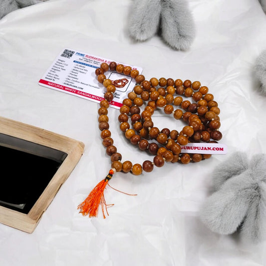 Image of Natural Safed Chandan Mala (White Sandalwood Beads) – Premium Quality, Lab Certified, 108+1 and 27+1 Variants Available