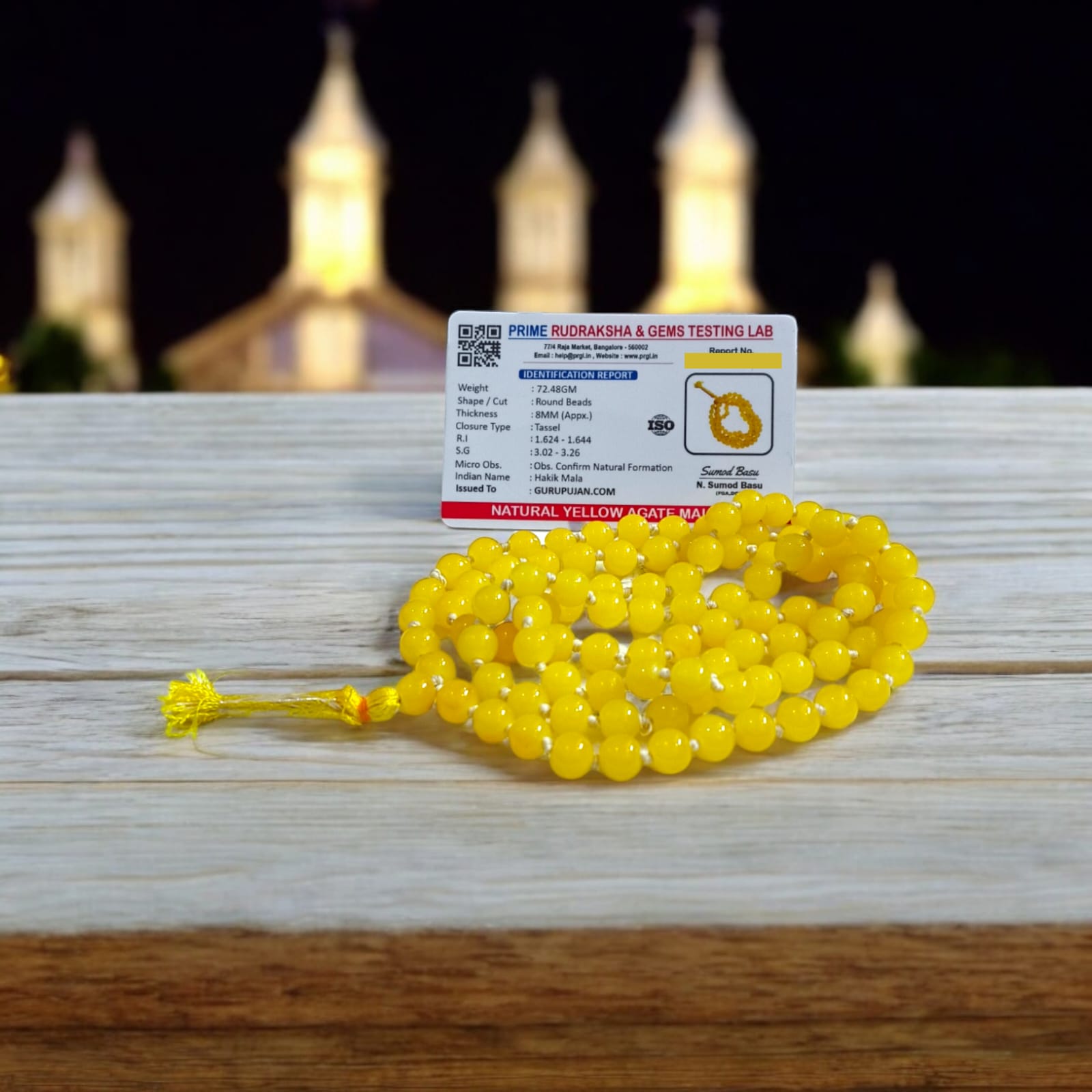 Image of Original Yellow Agate Mala (Peeli Hakik Mala) in 108+1 beads with lab certificate, used for jaap and spiritual healing.