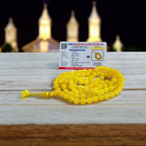 Image of Original Yellow Agate Mala (Peeli Hakik Mala) in 108+1 beads with lab certificate, used for jaap and spiritual healing.