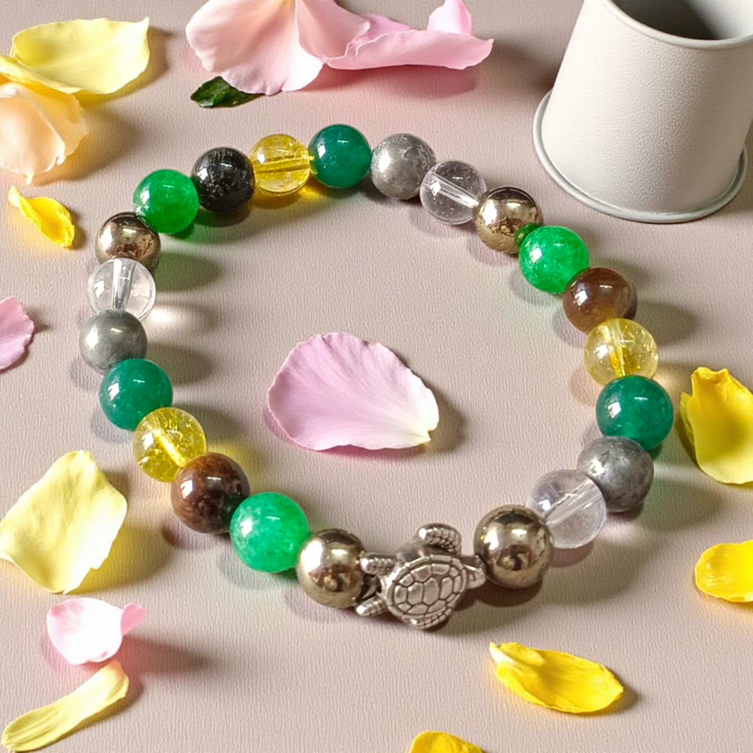 Image of a Money Magnet Bracelet made of 8mm natural gemstone beads, stretchable design, ideal for attracting wealth and prosperity