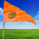 Image of the Om Flag, featuring the Aum symbol on a vibrant orange Bhagwa Jhanda, perfect for spiritual protection and positivity.