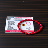 Lab Certified Lal Monga (Red Coral) Bracelet with polished red beads placed on a traditional cloth backdrop