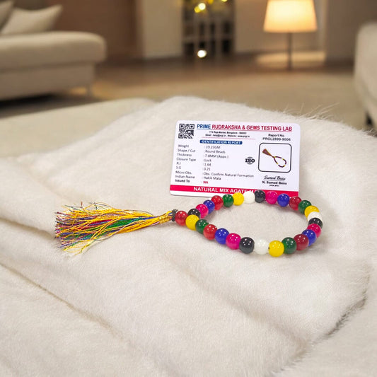Mix Hakik Mala 27+1 beads, made from mixed agate stones, perfect for meditation and positive energy, with a lab certification for authenticity.