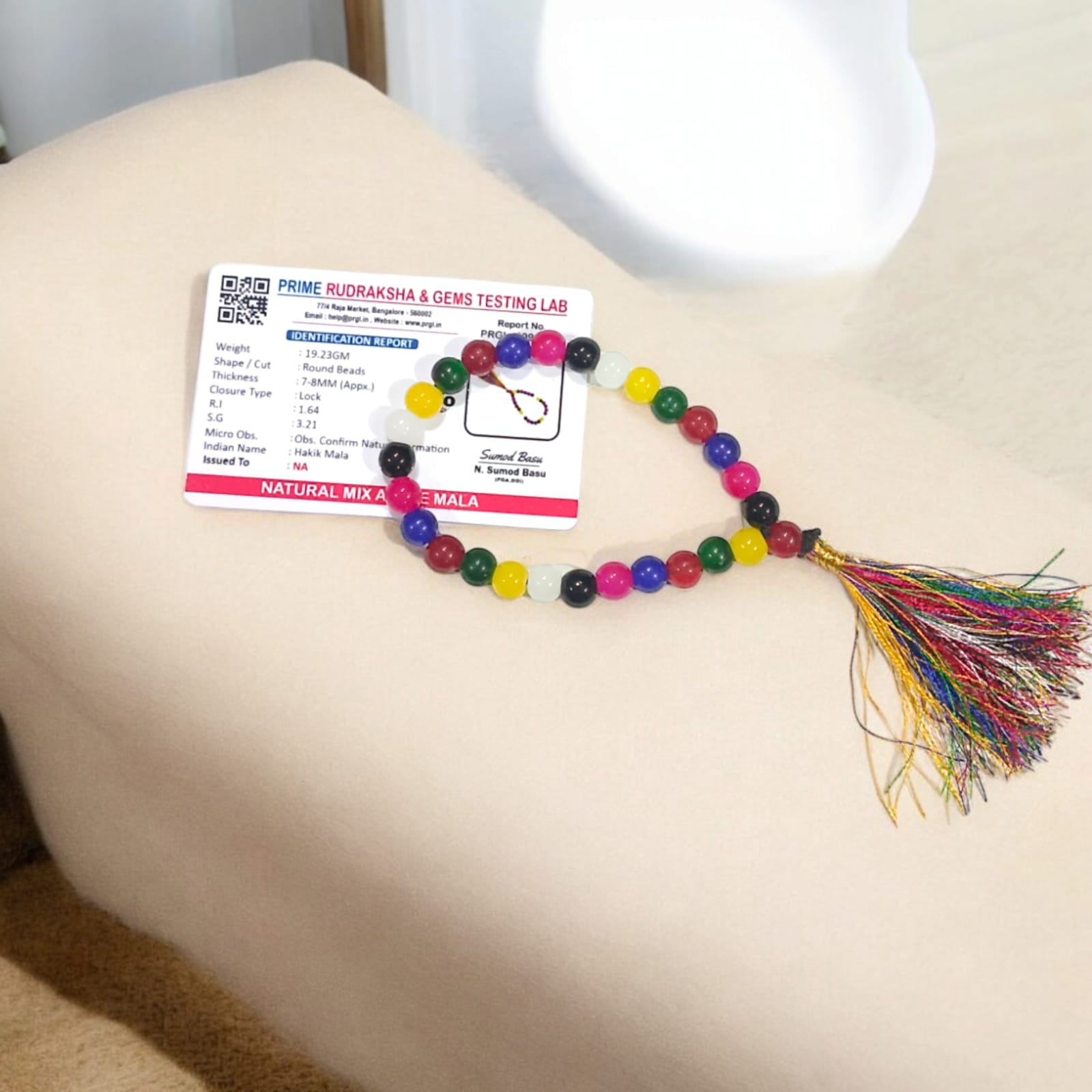 Mix Hakik Mala 27+1 beads, made from mixed agate stones, perfect for meditation and positive energy, with a lab certification for authenticity.