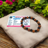 Natural Agate and 5 Mukhi Rudraksha Bracelet with 8mm black and brown beads on stretchable thread, lab certified, displayed on a natural stone background
