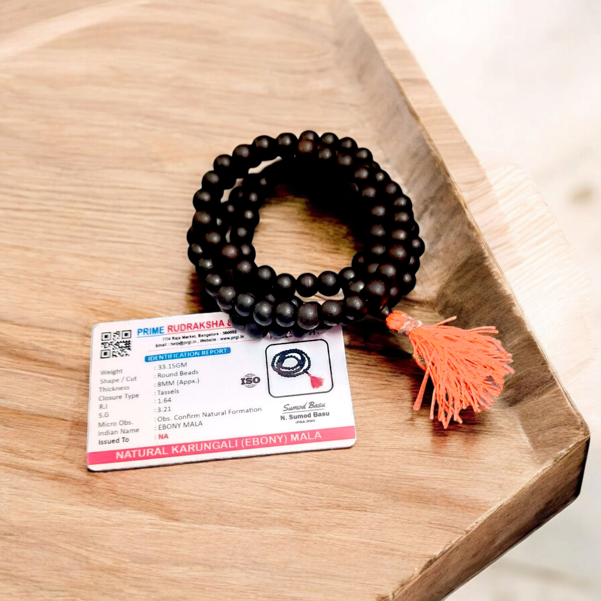 Natural Karungali Mala - Ebony wood beads, 108 beads, 8mm size, lab certified for meditation and prayer.