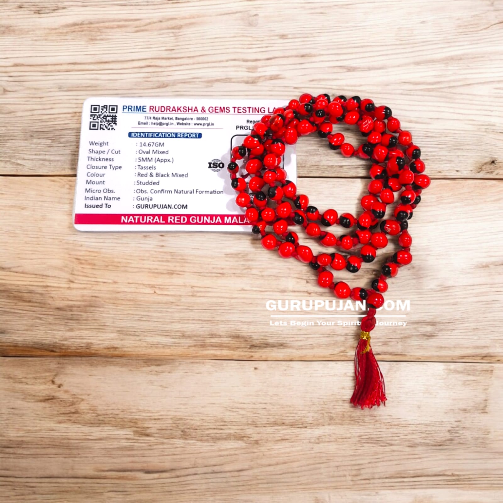 Natural Lal Gunja Mala made with premium-quality Red Chirmi Beads, ideal for good luck, charm, and spiritual protection, available in multiple variants for wearing and chanting.