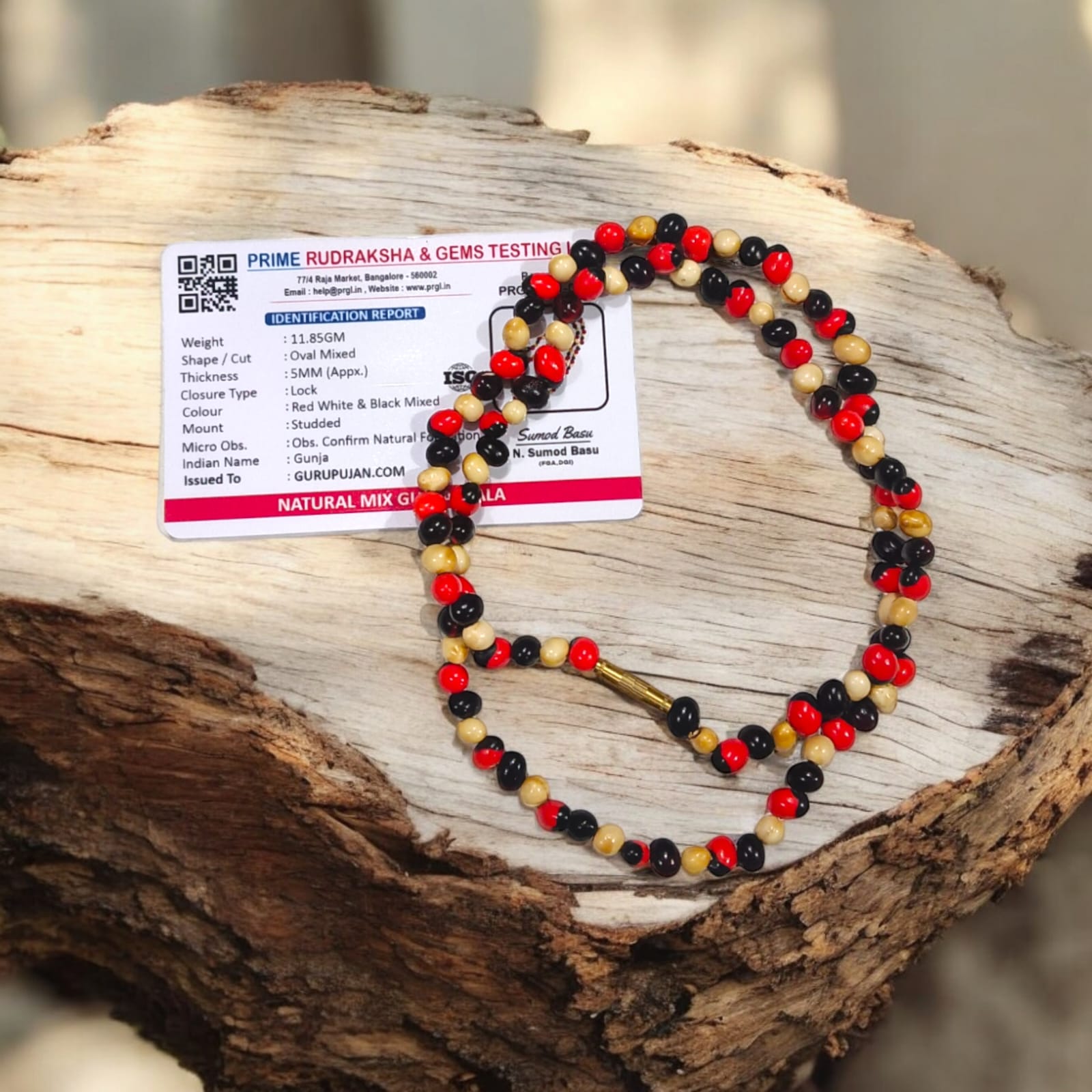 Natural Mix Gunja Mala crafted with a combination of red, white, and black Chirmi beads, ideal for attraction, protection, and financial prosperity.