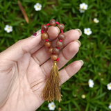 Natural Sandalwood Finger Mala featuring 9+1 smooth 8mm Chandan beads, lab-certified mala used for meditation, prayer, and spiritual energy