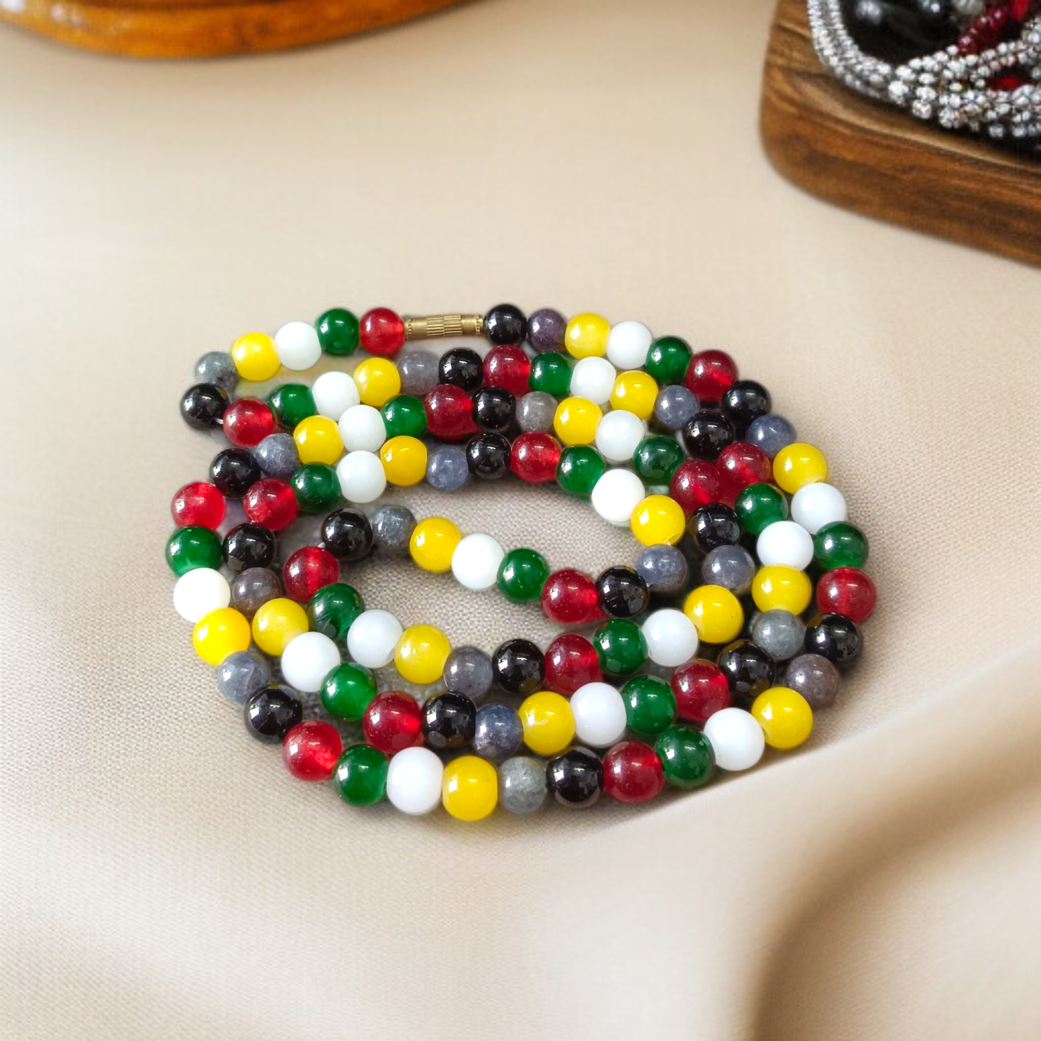 Natural multi-colored agate mala with 108+1 and 27+1 beads, 8mm size, used for meditation, healing, and spiritual protection