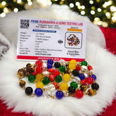 Navratan Mala made with 9 natural gemstones, featuring Rudraksha closure, ideal for planetary balance and prosperity.