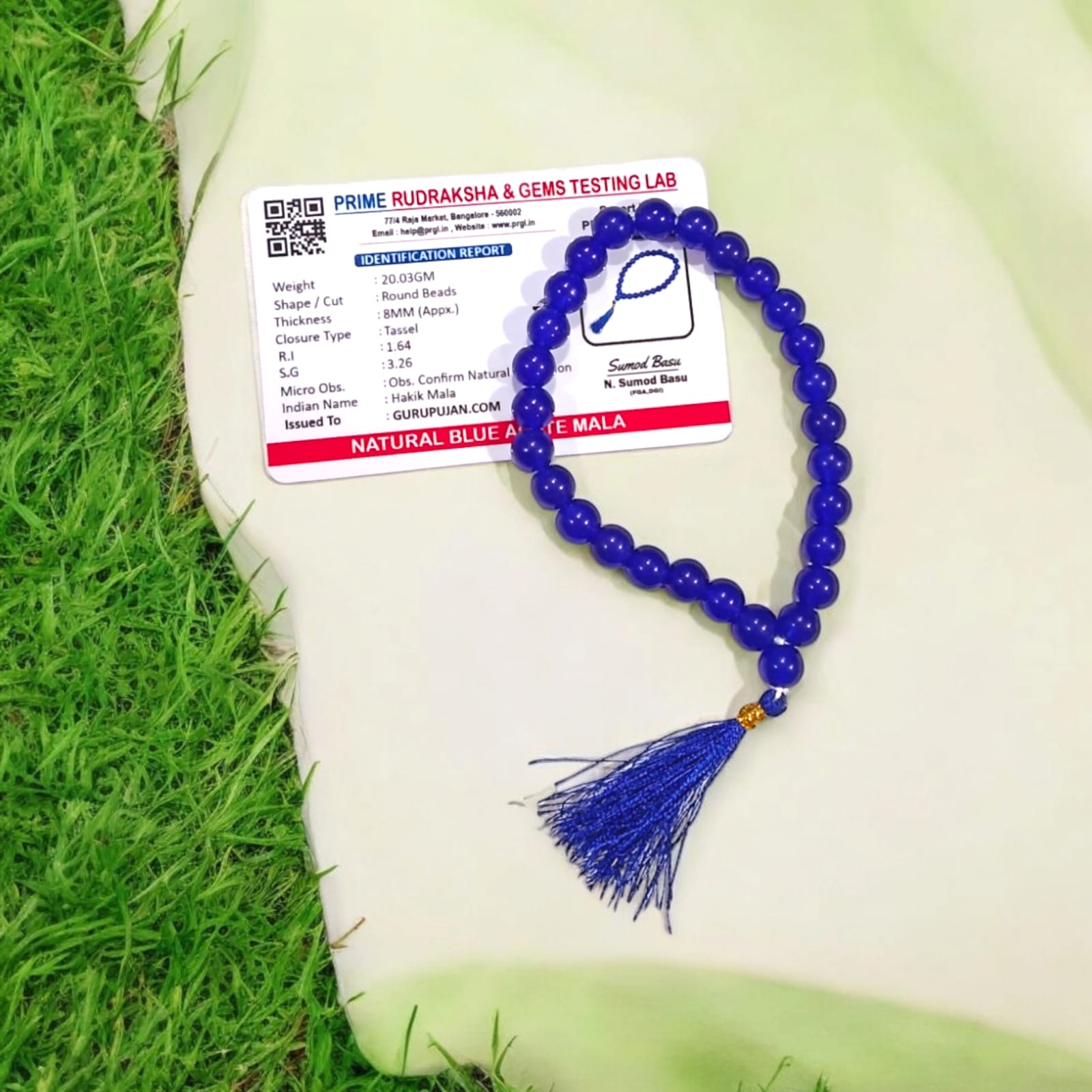 Neela Hakik Mala 27+1 Beads, Lab Certified Blue Agate Jaap Mala by Gurupujan, designed to enhance well-being and invite prosperity.