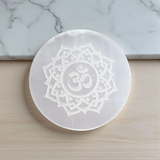 Om symbol engraved selenite charging plate for healing, Reiki, meditation, Pooja, and Feng Shui