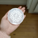 Om symbol engraved selenite charging plate for healing, Reiki, meditation, Pooja, and Feng Shui