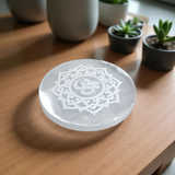 Om symbol engraved selenite charging plate for healing, Reiki, meditation, Pooja, and Feng Shui