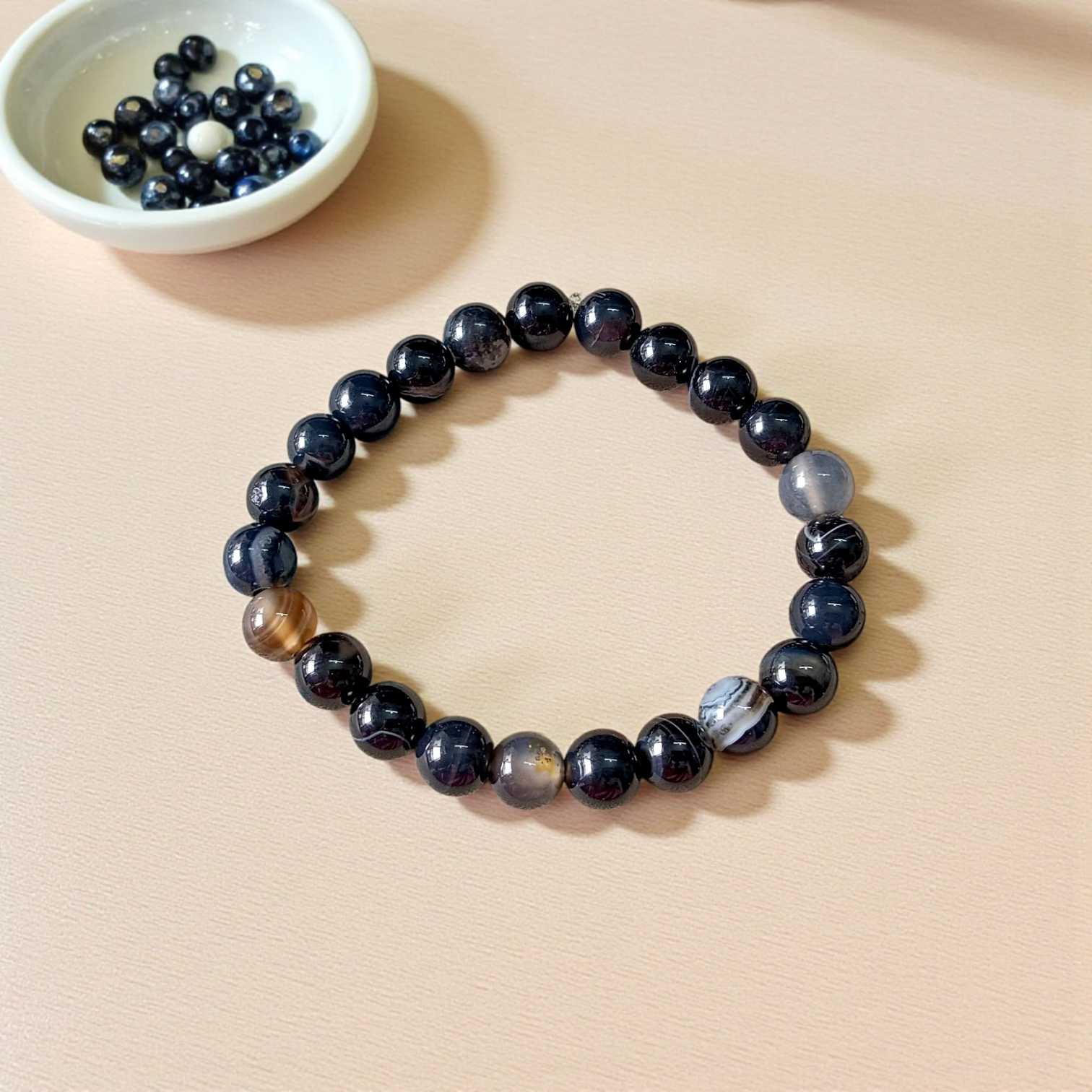 Original Sulemani Hakik Bracelet with 8MM Lab-Certified Black Beads in Stretchable Design for Daily Wear and Energy Protection