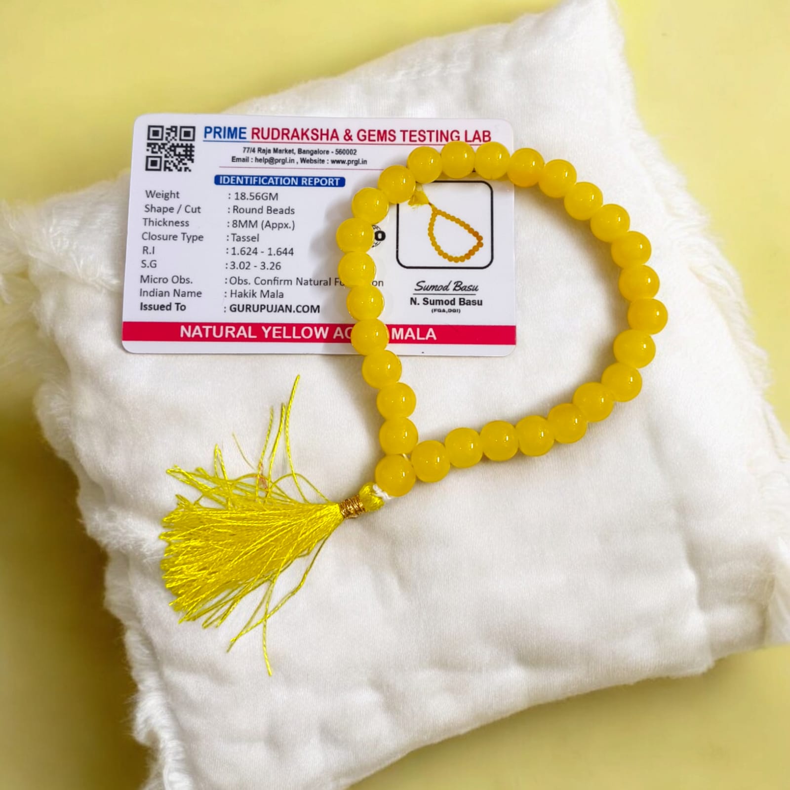 Peeli Hakik Mala 27+1 Beads, Lab Certified Yellow Agate Jaap Mala by Gurupujan, ideal for safety and emotional grounding.