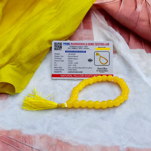 Peeli Hakik Mala 27+1 Beads, Lab Certified Yellow Agate Jaap Mala by Gurupujan, ideal for safety and emotional grounding.