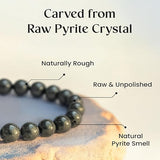 Raw Pyrite Bracelet with 6-7MM natural golden pyrite beads, stretchable and handmade, placed on a white background.