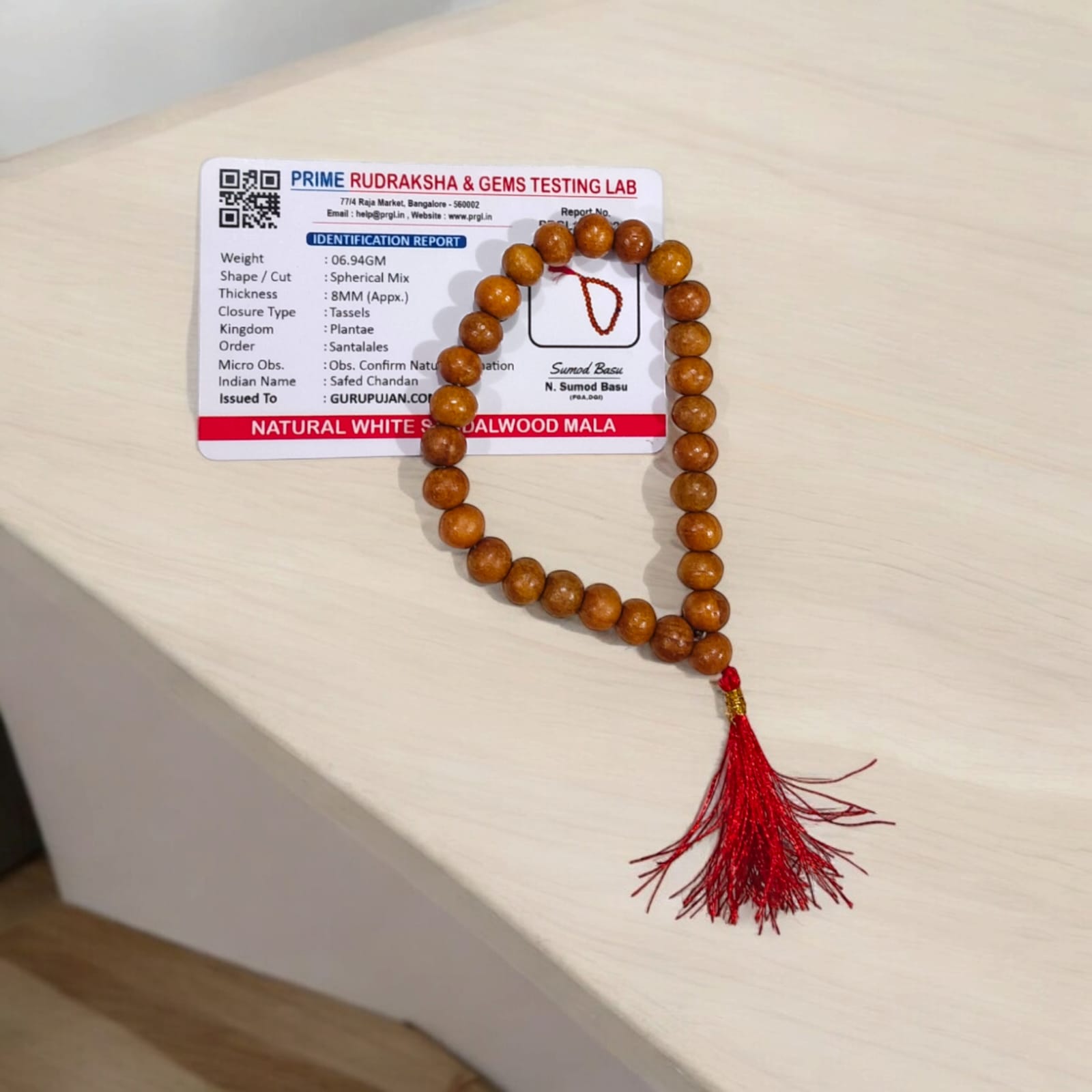 Safed Chandan Mala 27+1 beads made from pure white sandalwood, ideal for anxiety relief, respiratory health, and memory improvement.