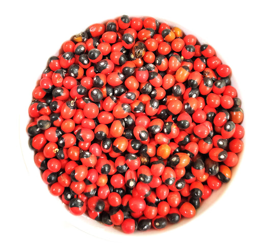 Set of 21 loose Gunja Seeds in red, white, and black colors, lab certified, ideal for creating malas, meditation, mantra chanting, and spiritual practices.