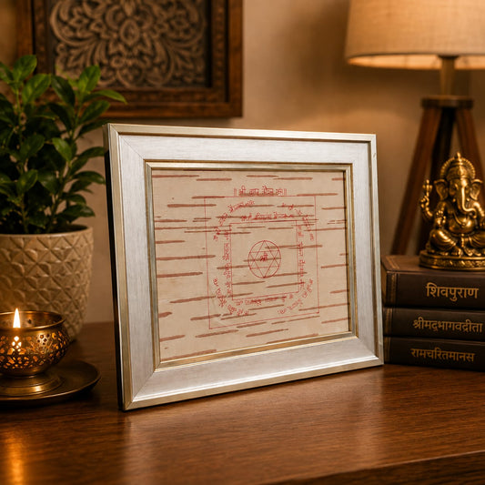 Shri Asht Bhairav Yantra 19x22CM Handmade on Bhojpatra Wooden Frame for Protection, Spiritual Strength, Vastu & Divine Blessings