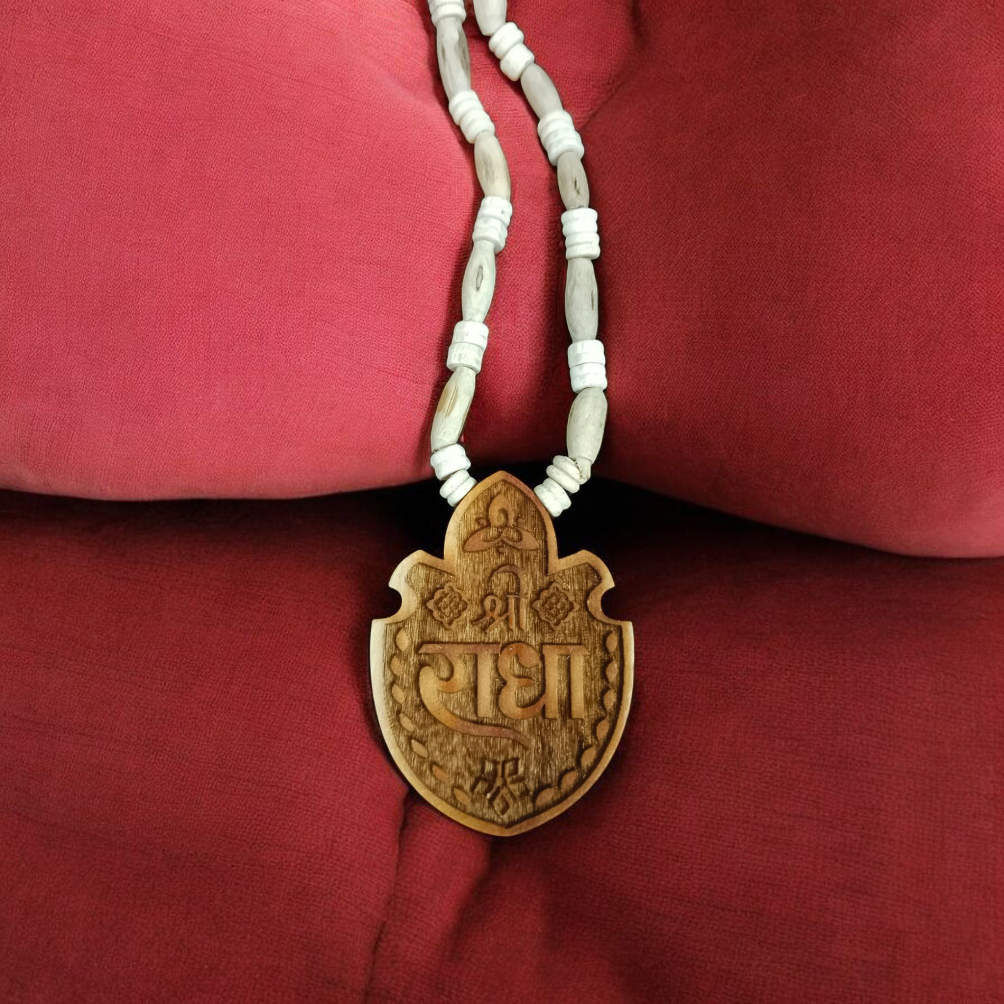 Shri Radha Tulsi Wood Locket with Tulsi Mala, promoting devotion, protection, and spiritual connection with Lord Krishna and Radha